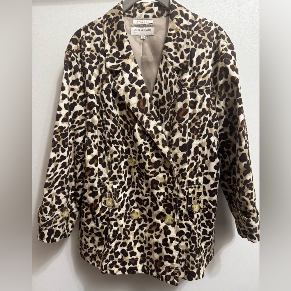 Jones New York Blazer Jacket Woman’s Animal Print  Brown & Cream Stretch Size XL